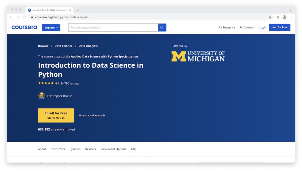 Coursera Intro to data science in Python page