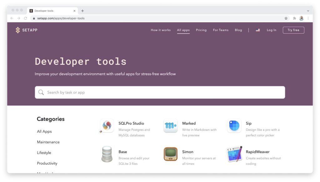 Setapp Developer Tools Search Page