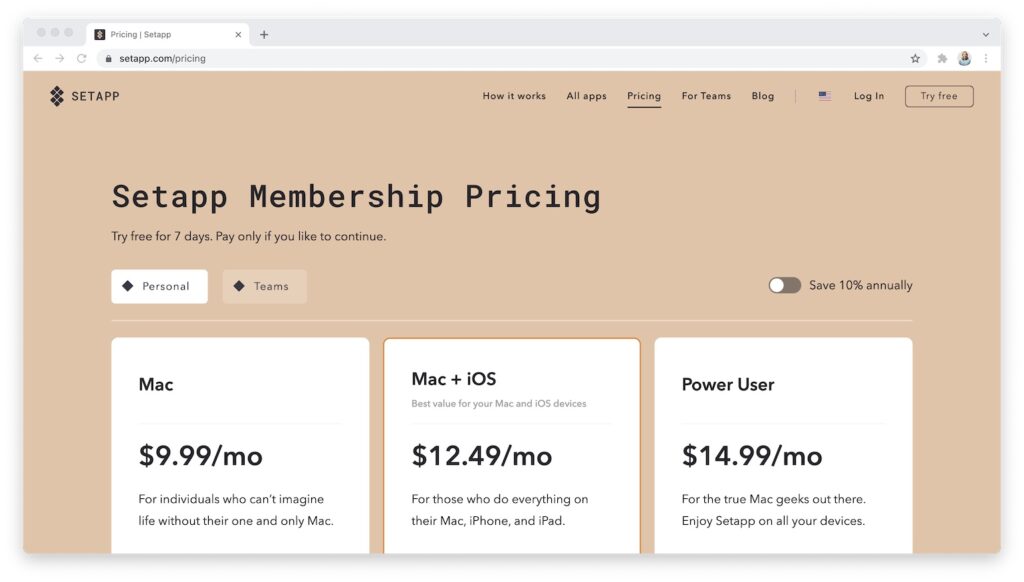 Setapp Membership Pricing Page