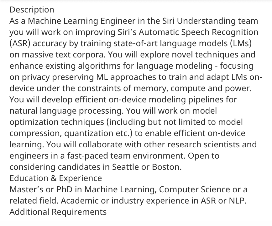 Machine learning engineer job  description at Apple