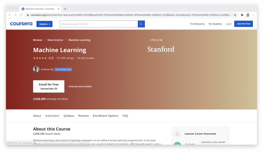 Coursera machine learning course via Stanford University