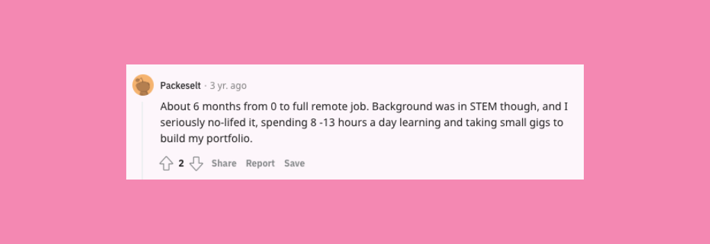 Reddit comment: “About 6 months from 0 to full remote job. Background was in STEM though, and I seriously no-lifed it, spending 8 -13 hours a day learning and taking small gigs to build my portfolio.”